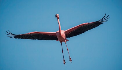 pink flamingo soaring through the clear blue sky with its long