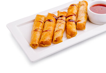 Crispy spring rolls served with sweet dipping sauce on a plate