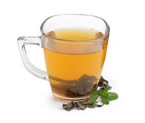 Aromatic mint tea, fresh and dried leaves isolated on white