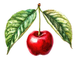 Detailed watercolor-style illustration of one red cherry attached to a stem with lush green leaves isolated on the white background.