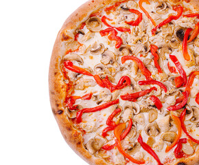 Delicious homemade chicken and vegetable pizza topped with peppers and mushrooms on a crisp crust