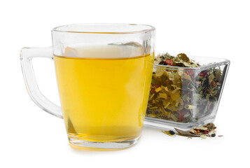 Delicious herbal tea and dry leaves isolated on white