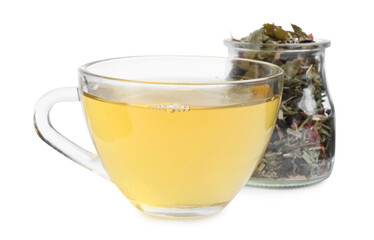 Delicious herbal tea and dry leaves isolated on white