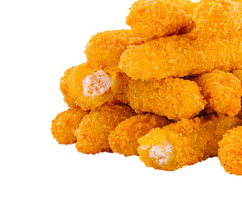 Crispy chicken tenders arranged on a white background