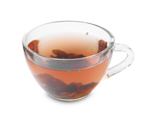 Delicious herbal tea in cup isolated on white