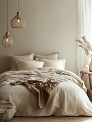 Warm cozy bed in a bedroom setting with lamps