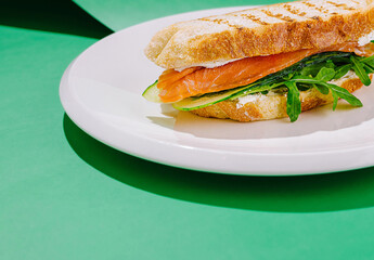 Freshly made sandwich with salmon and arugula on a plate