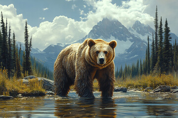 Majestic Grizzly's Serene Stroll Through Mountain Stream in Wilderness