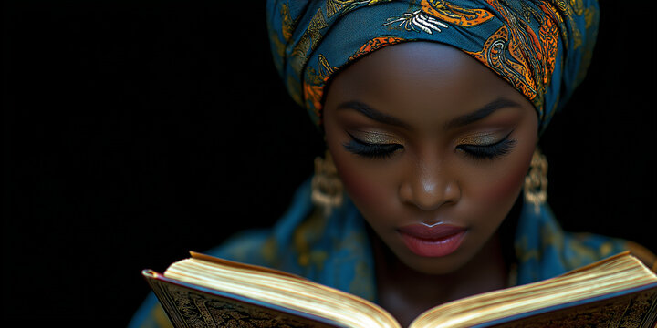 Opulent and Vibrant Eid al-Fitr Festivities Captured in Mesmerizing Detail: Depict an African Muslim girl in traditional attire, her eyes filled with wonder as she immerses hers