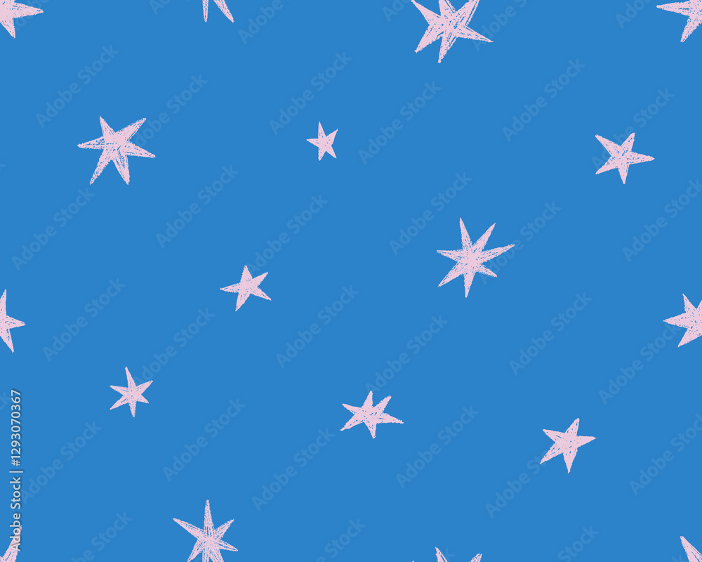 Fototapete Seamless pattern with tiny stars. Endless texture, background design. Repeating starry print with simple twinkles, sparkles drawing on sky. Drawn vector illustration for wrapping, fabric and textile