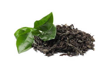 Pile of dried tea leaves isolated on white