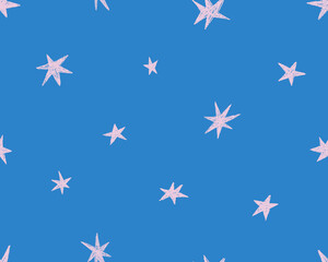 Seamless pattern with tiny stars. Endless texture, background design. Repeating starry print with simple twinkles, sparkles drawing on sky. Drawn vector illustration for wrapping, fabric and textile