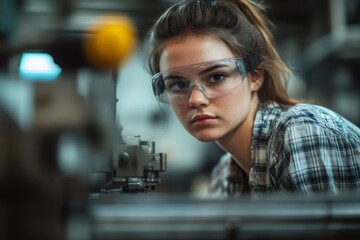 Focused female engineer working on a machine in a factory