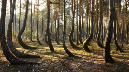 Unique Curved Trees in Serene Forest Landscape with Morning Light and Soft Shadows