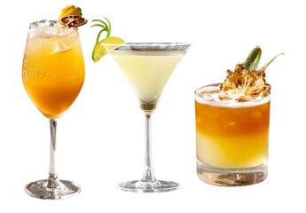 A trio of refreshing tropical cocktails with citrus and pineapple garnishes, perfect for bar menus,...