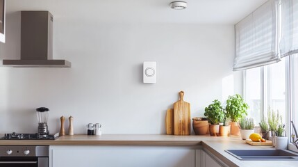 Carbon monoxide detector mounted on a kitchen wall. Featuring prevention and awareness