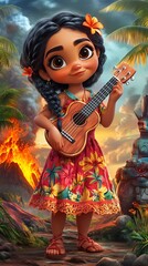 Adorable Cartoon Girl Playing Ukulele in Tropical Paradise