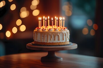 Birthday cake with colorful candles, freshly baked and decorated with icing, ready for a party with friends and family, warm and inviting, comic book style