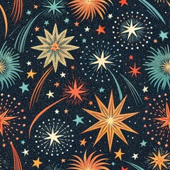 Seamless Celestial Fireworks Display Night Sky Digital Pattern Vibrant Colors Artistic Viewpoint Concept of Celebration