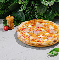 Freshly baked pizza on a rustic table with green foliage