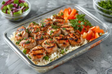 Fototapeta premium Glass container filled with grilled chicken over rice with fresh vegetables. Nutritious meal prepared with balanced protein, fiber, vitamins for clean eating, healthy lifestyle, and fitness goals.