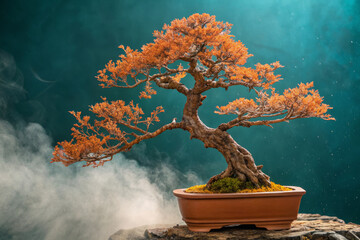 Bonsai tree with vibrant autumn leaves, showcasing intricate details and beauty