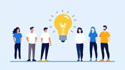 Group of people standing around a bright light bulb in a creative setting representing ideas and innovation