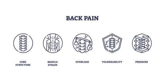 Back pain icons outline showing spine, muscle strain, and pressure, transparent background. Outline icons set