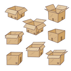 Fototapeta premium Cardboard boxes in various open and closed states convey storage and shipping concepts, transparent background.