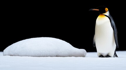 Fototapeta premium King penguin standing near snowdrift on black background.