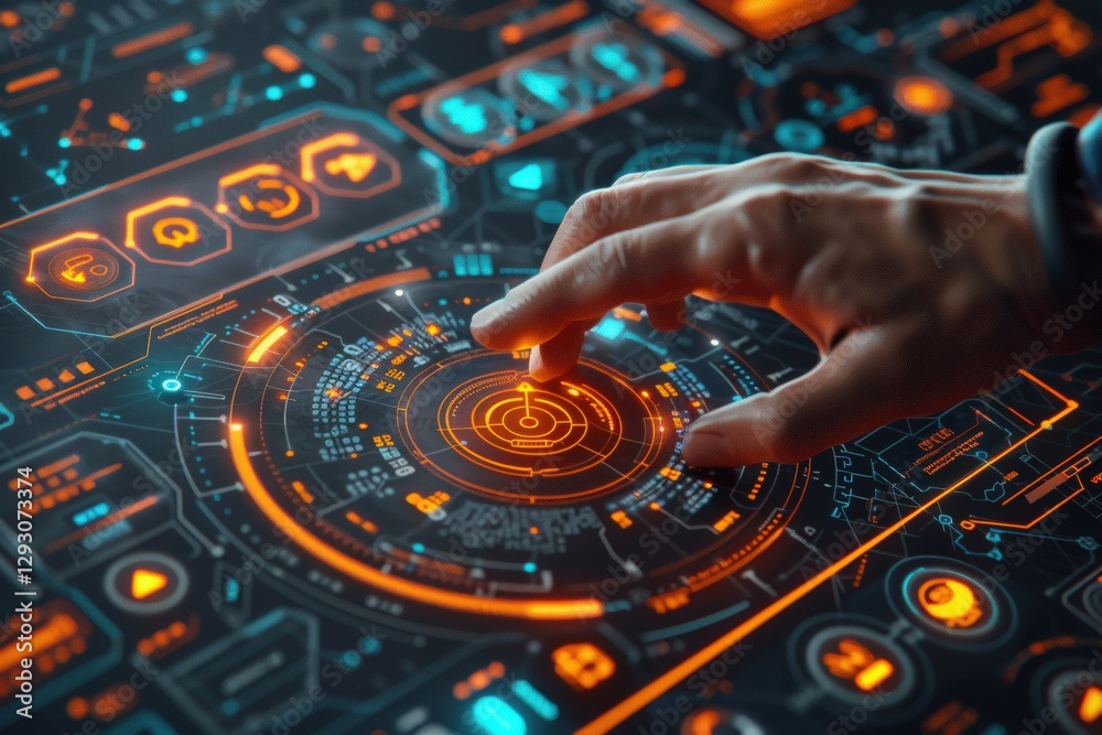 Poster hand interacting with futuristic holographic touch interface controlling logistics operations. advan