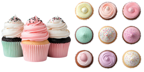 Colorful cupcakes with various frosting styles arranged in an appealing layout on a dark background.