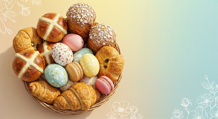 Easter Basket Treats Abundant Pastel with Copy Space