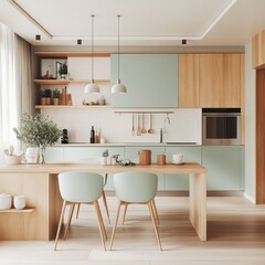 Modern kitchen design displaying a minimalist aesthetic with green accents