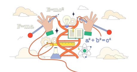 STEM education visual with hands holding tools, DNA strand, and formulas, transparent background. Neubrutalism hands concept