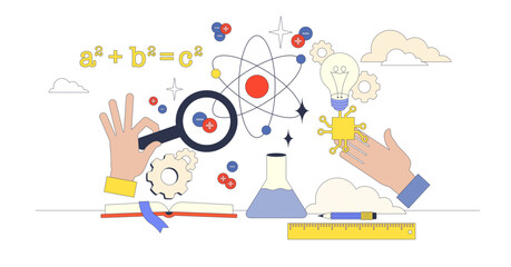 STEM education with hands exploring science and math symbols, magnifying glass, and atom, transparent background. Neubrutalism hands concept
