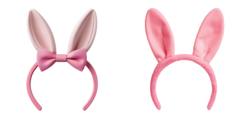 Two pink bunny ear headbands displayed against a black background.