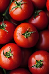 An abundant collection of plump, ripe tomatoes, beautifully arranged, showcasing their brilliant red hue in a visually pleasing manner.