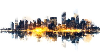 Night city skyline reflected on water, watercolor style, urban landscape