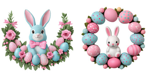Obraz premium Colorful Easter bunnies and eggs surrounded by flowers create a festive spring scene.
