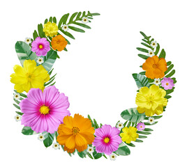 Floral wreath with colorful cosmos flowers isolated on transparent background for wedding invitation, greeting card.