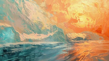 Fototapeta premium Vintage oil painting style, neutral colours, light highlights, soft tones depicting a beautiful arctic glacier sunset scene. 