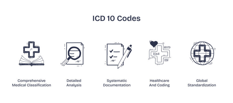 ICD-10 Codes visualized with doodle icons featuring a cross, magnifying glass, and documents, transparent background. Doodle style icons