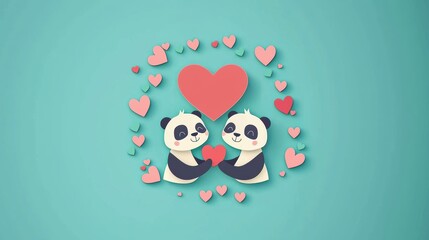 Fototapeta premium A pair of cute panda bears holding red hearts.