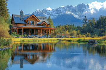 Fototapeta premium Secluded Log Cabin Retreat Reflecting in Mountainous Lake Scenery