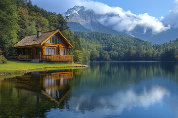 Fototapeta premium Serene Lakeside Retreat, A Rustic Cabin Amidst Mountain Majesty