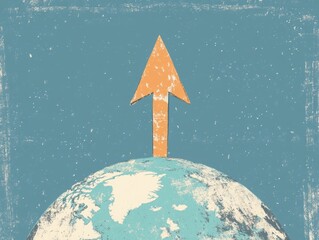 Fototapeta premium Ascending Arrow on Earth: A vibrant orange arrow points upward, soaring above a detailed illustration of the globe, representing growth, progress, and global advancement.
