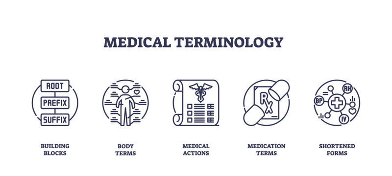 Medical terminology icons outline key concepts like building blocks, body terms, and medication, transparent background. Outline icons set.