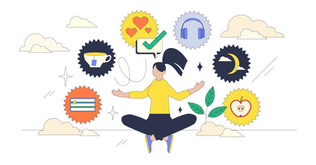 Self-care depicted with meditation, headphones, and books, highlighting balance and mindfulness, transparent background.