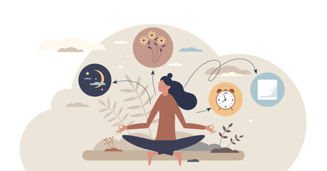 Sleep rituals focus on meditation and relaxation with elements like plants and clocks, transparent background.